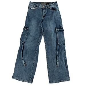 VIP Jeans High Rise Juniors Wide Leg Denim Cargo Jeans Pants Straps - Size 5 L27